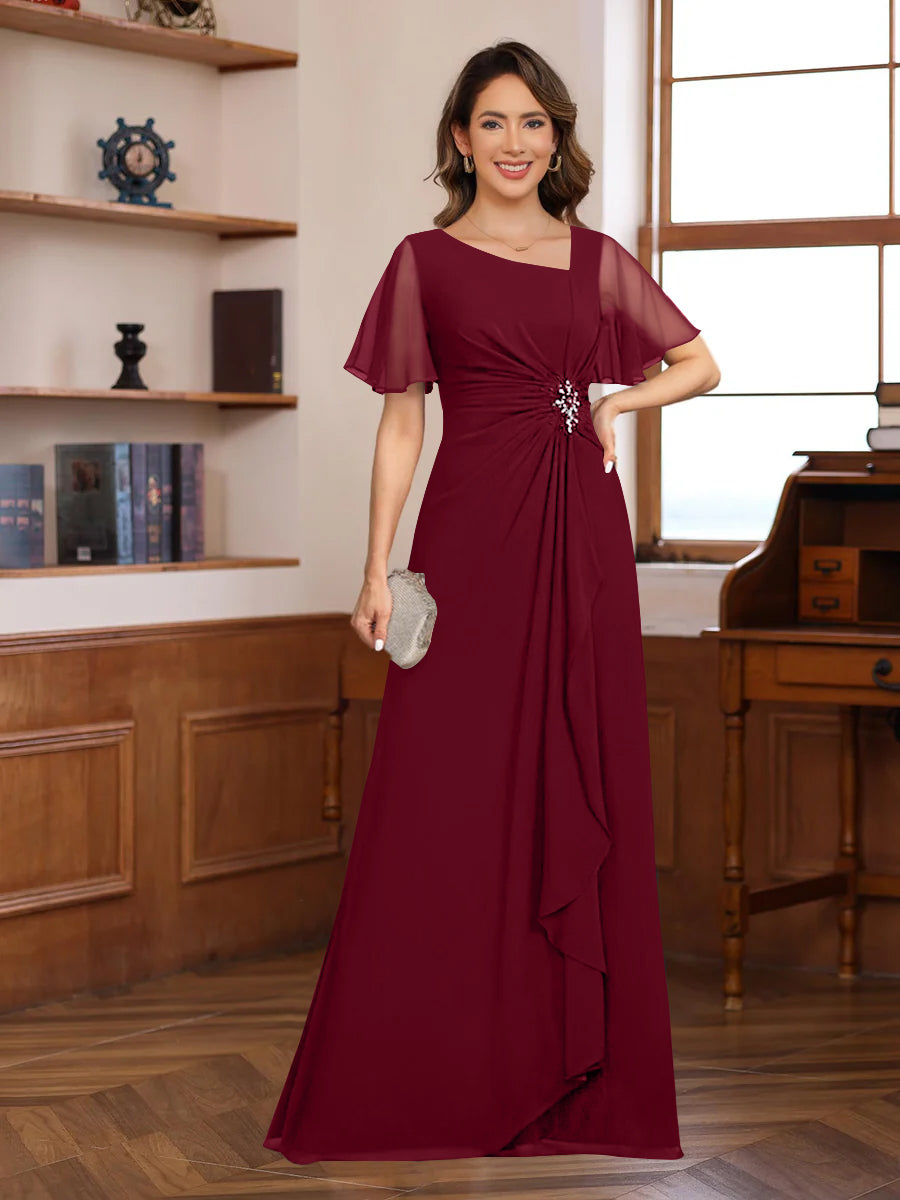 A-Line/Princess V-Neck Short Sleeves Chiffon Mother of the Bride & Groom Dresses with Appliques & Ruffles Wine Red
