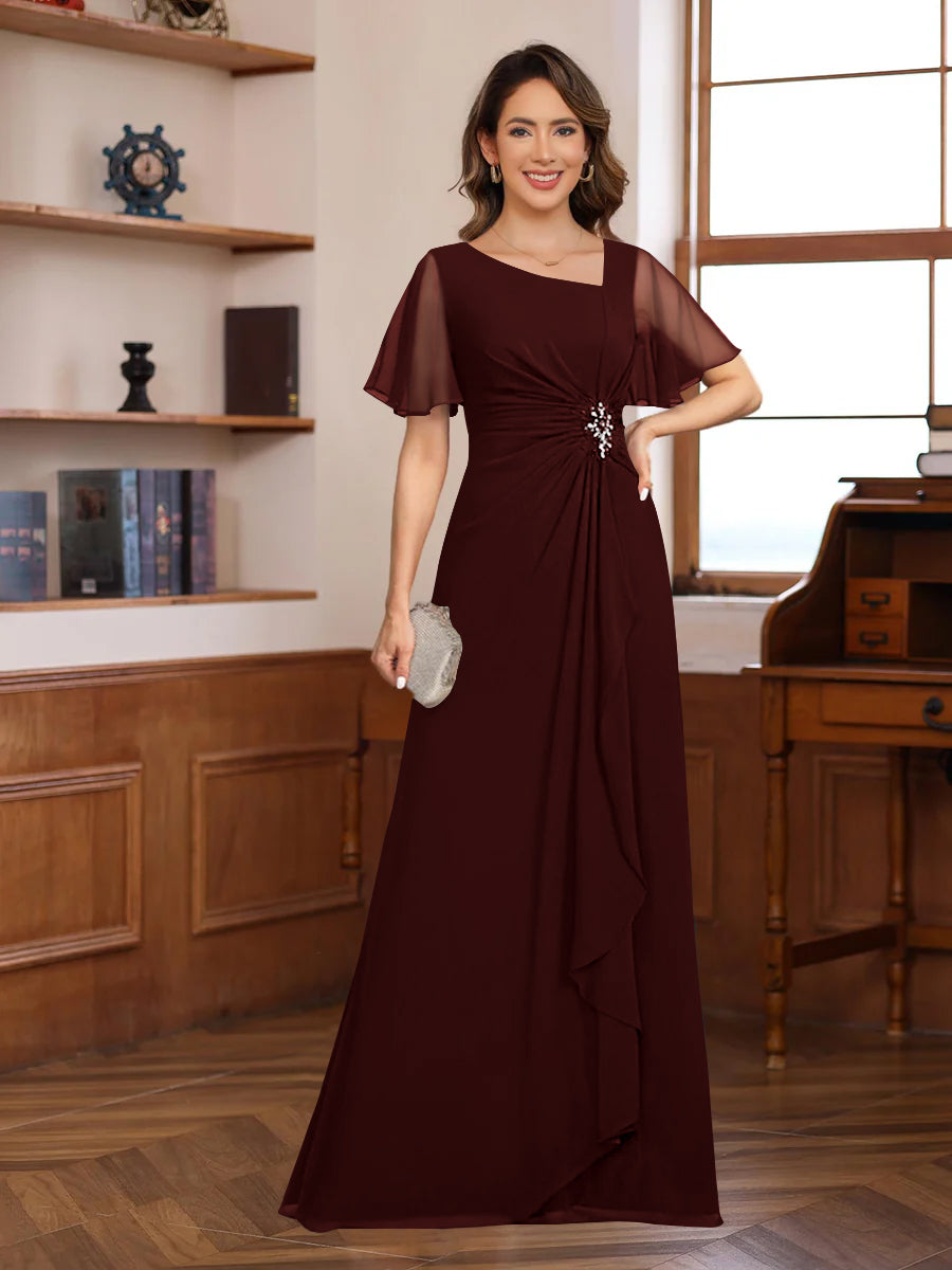 A-Line/Princess V-Neck Short Sleeves Chiffon Mother of the Bride & Groom Dresses with Appliques & Ruffles