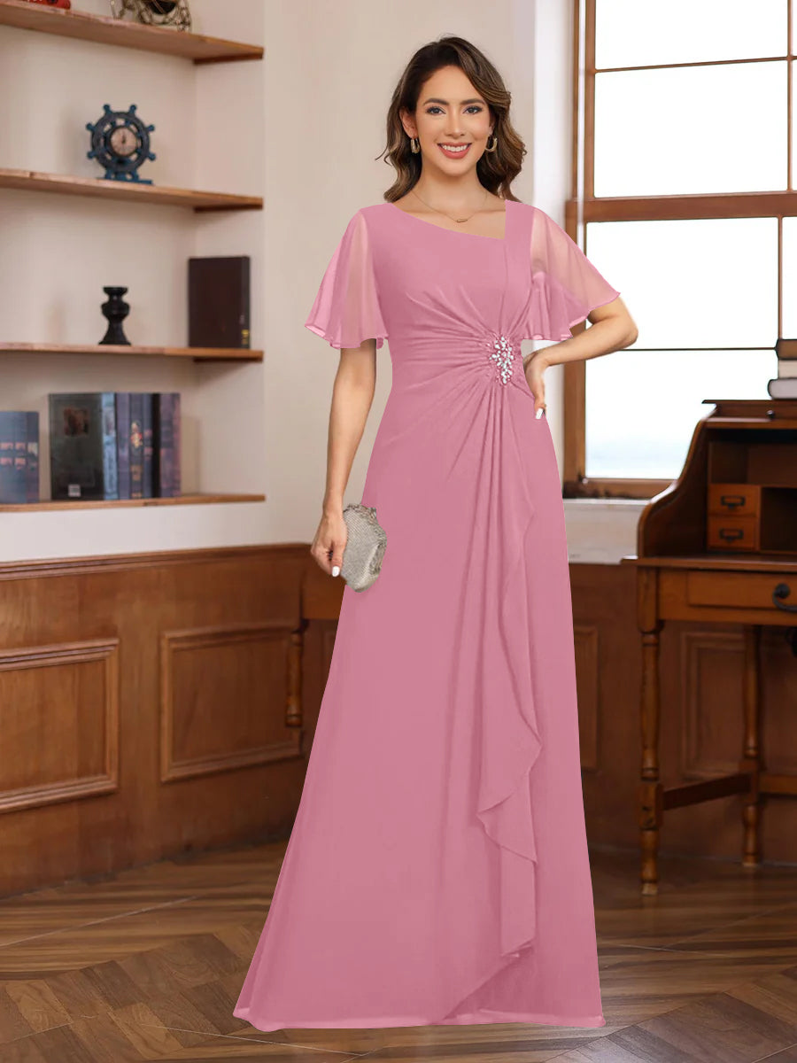 A-Line/Princess V-Neck Short Sleeves Chiffon Mother of the Bride & Groom Dresses with Appliques & Ruffles
