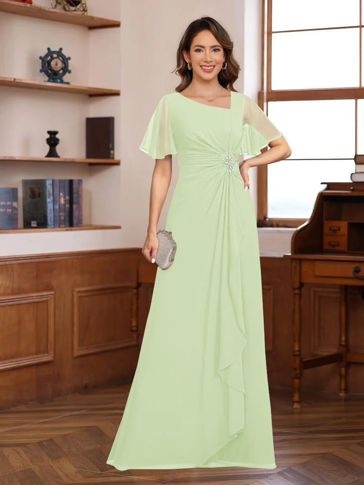 A-Line/Princess V-Neck Short Sleeves Chiffon Mother of the Bride & Groom Dresses with Appliques & Ruffles