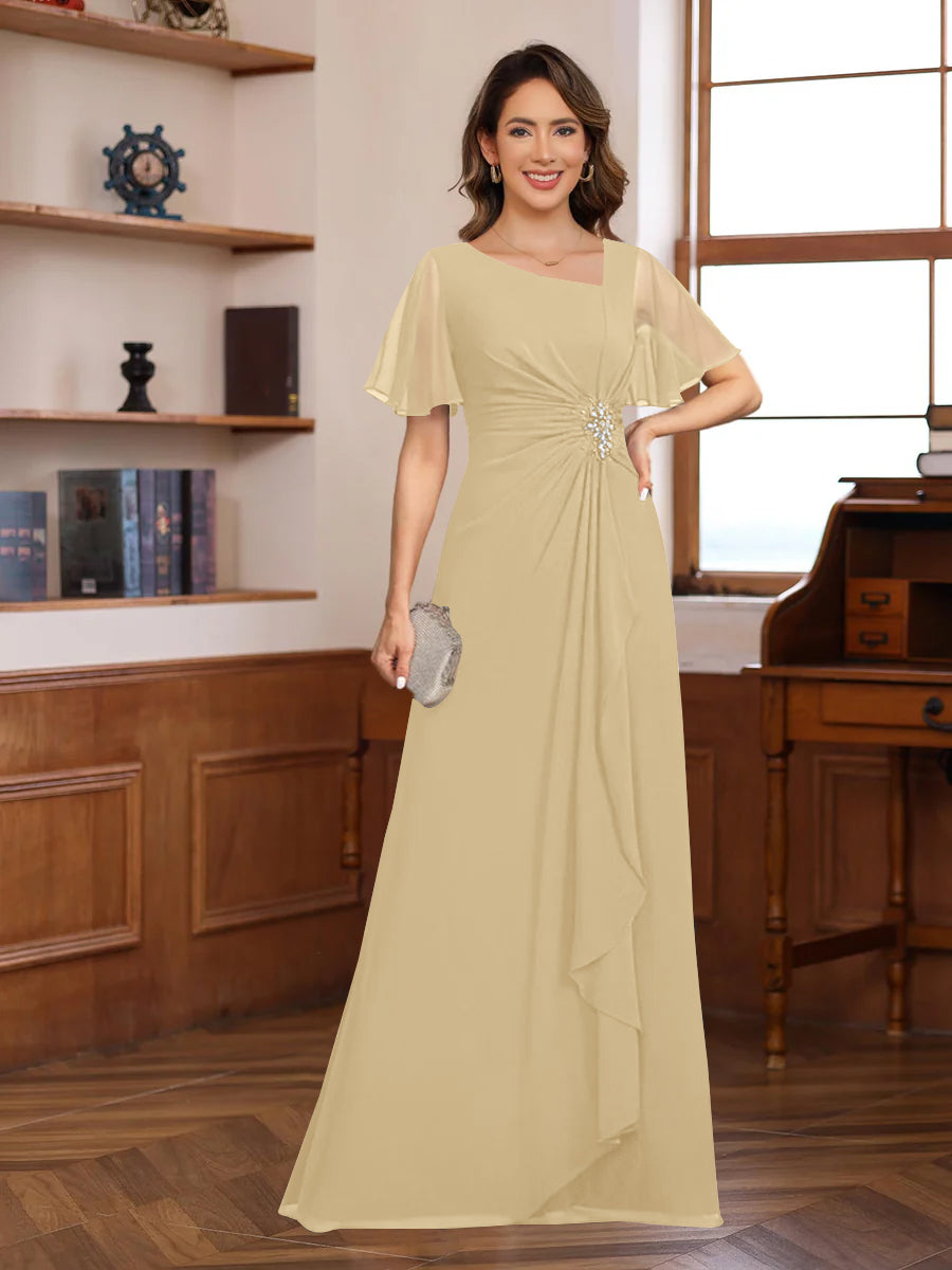 A-Line/Princess V-Neck Short Sleeves Chiffon Mother of the Bride & Groom Dresses with Appliques & Ruffles
