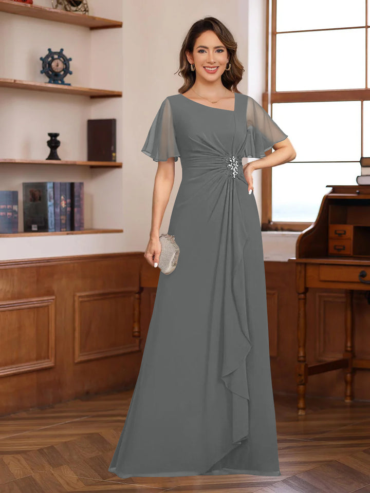 A-Line/Princess V-Neck Short Sleeves Chiffon Mother of the Bride & Groom Dresses with Appliques & Ruffles