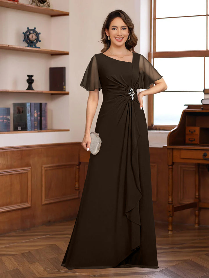 A-Line/Princess V-Neck Short Sleeves Chiffon Mother of the Bride & Groom Dresses with Appliques & Ruffles