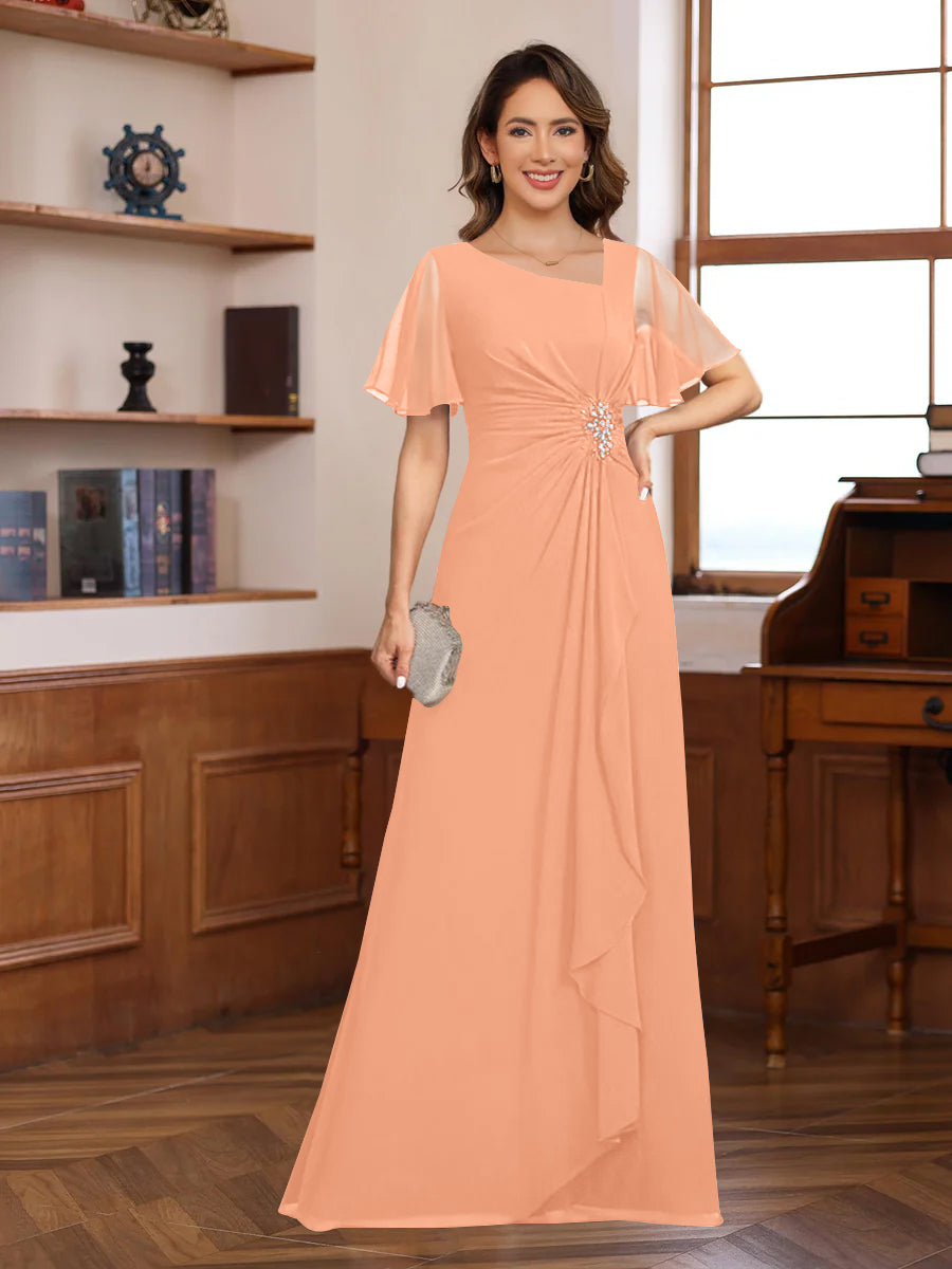 A-Line/Princess V-Neck Short Sleeves Chiffon Mother of the Bride & Groom Dresses with Appliques & Ruffles