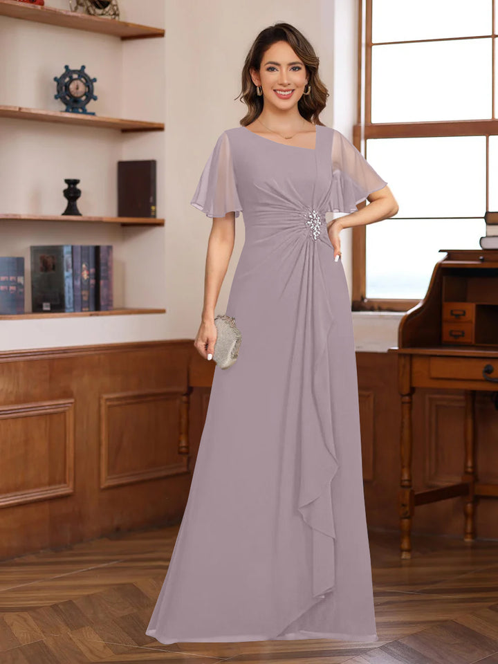 A-Line/Princess V-Neck Short Sleeves Chiffon Mother of the Bride & Groom Dresses with Appliques & Ruffles