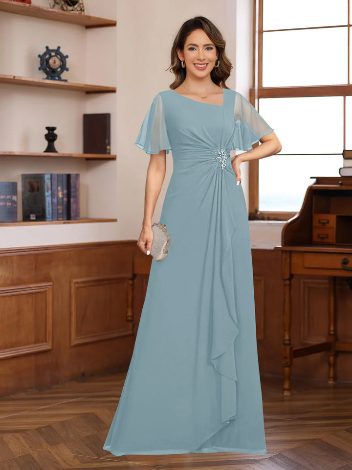 A-Line/Princess V-Neck Short Sleeves Chiffon Mother of the Bride & Groom Dresses with Appliques & Ruffles