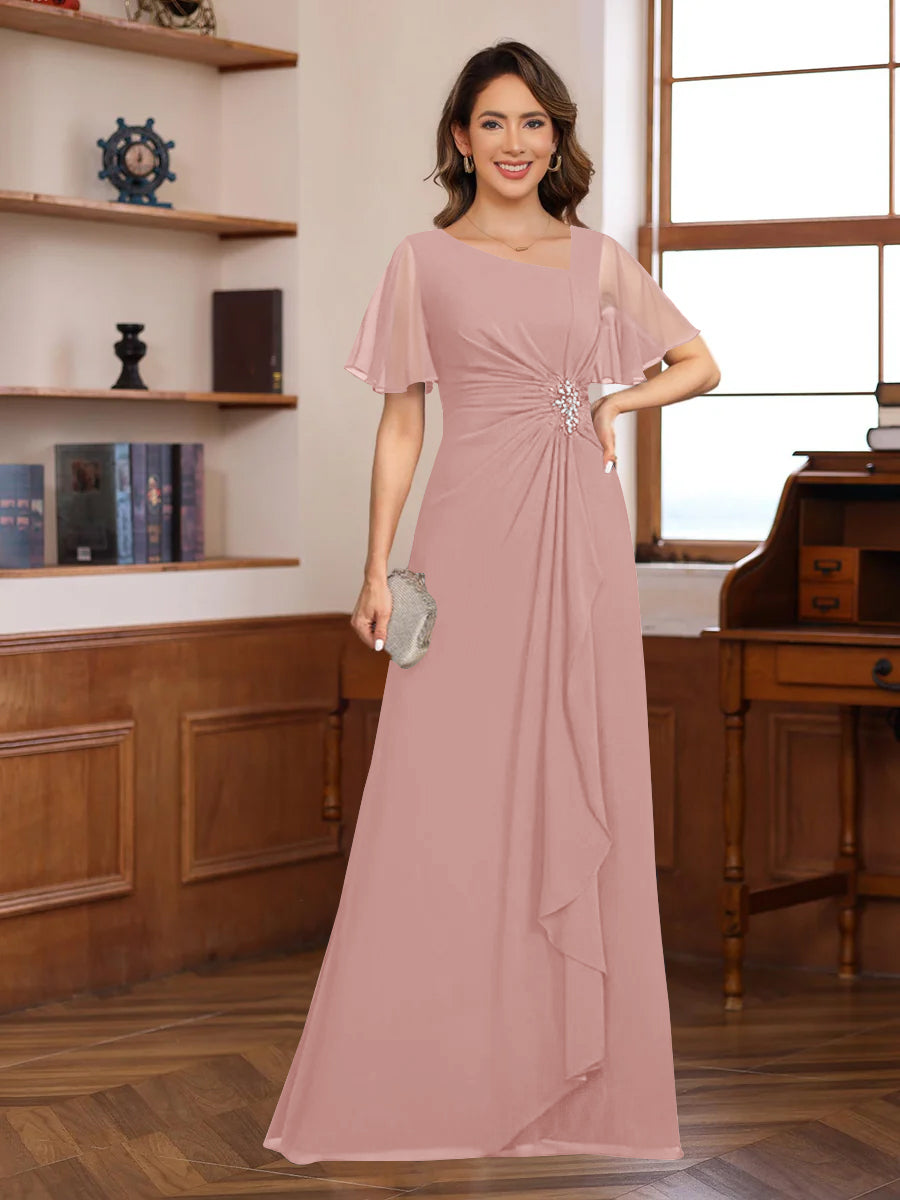 A-Line/Princess V-Neck Short Sleeves Chiffon Mother of the Bride & Groom Dresses with Appliques & Ruffles