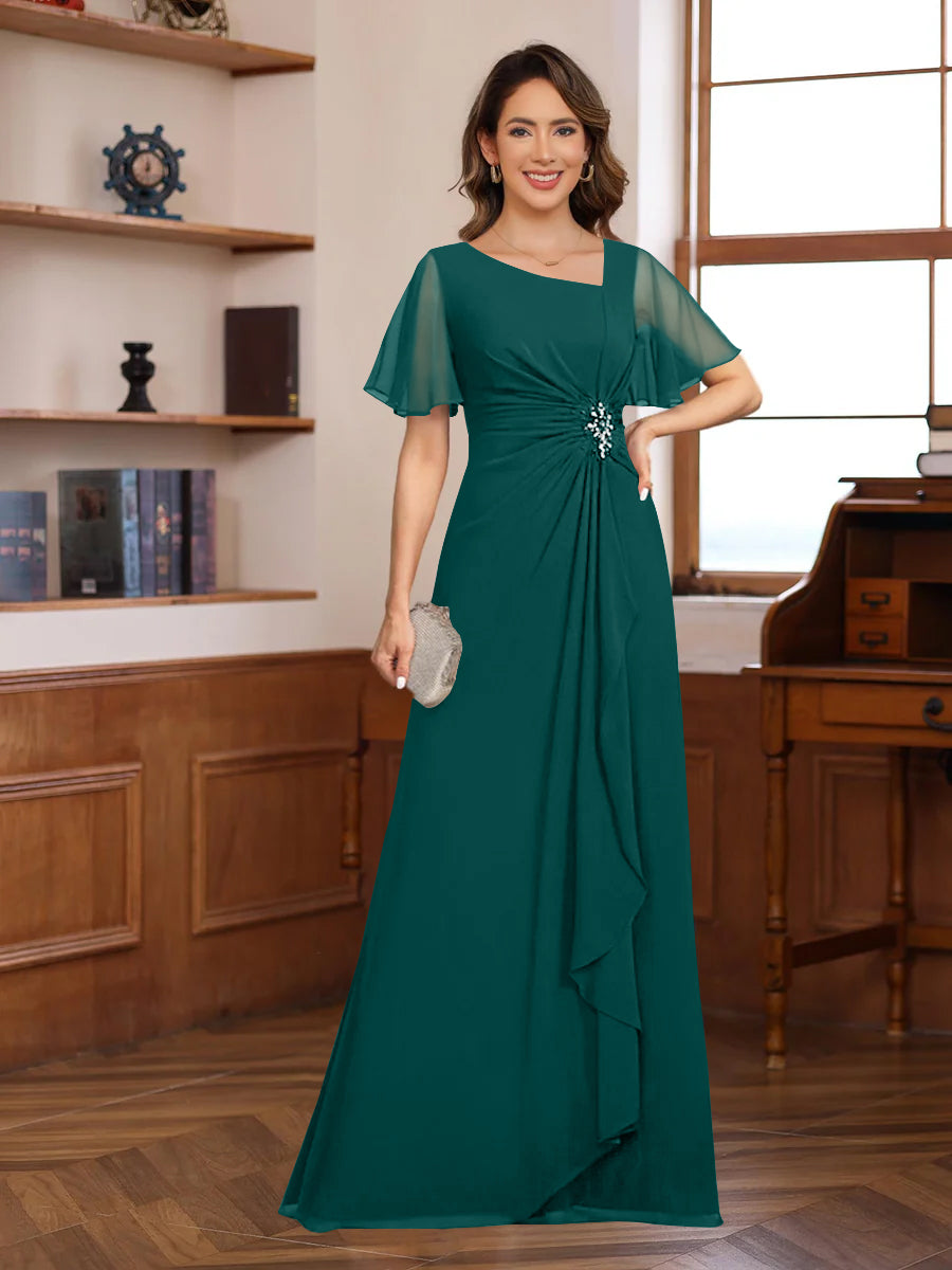 A-Line/Princess V-Neck Short Sleeves Chiffon Mother of the Bride & Groom Dresses with Appliques & Ruffles