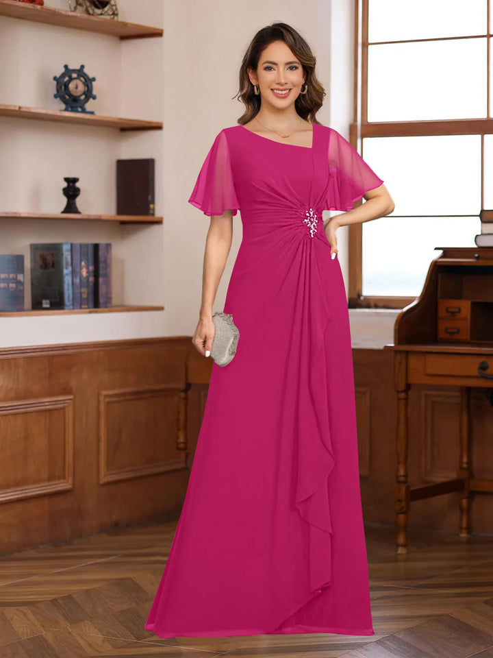 A-Line/Princess V-Neck Short Sleeves Chiffon Mother of the Bride & Groom Dresses with Appliques & Ruffles