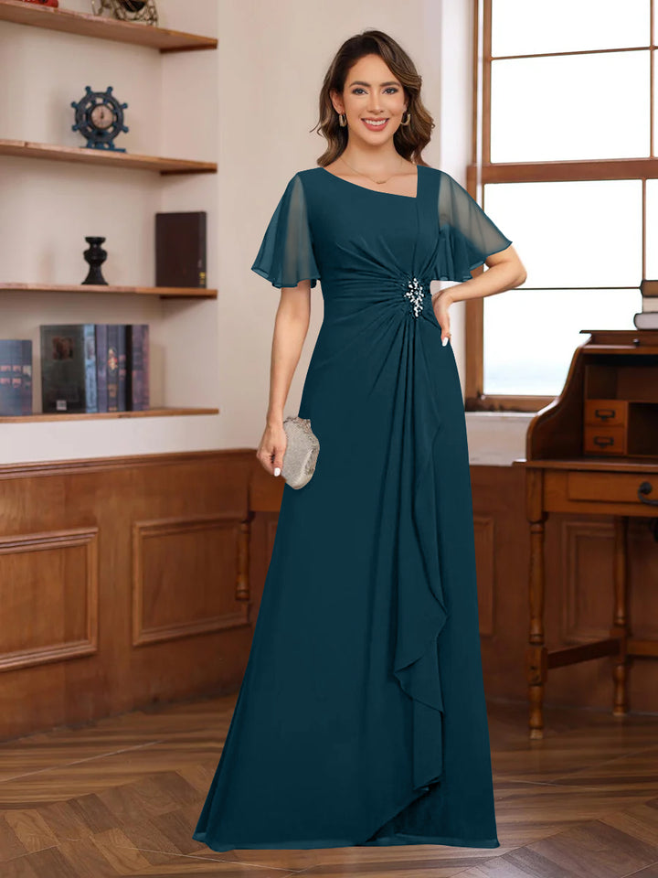 A-Line/Princess V-Neck Short Sleeves Chiffon Mother of the Bride & Groom Dresses with Appliques & Ruffles