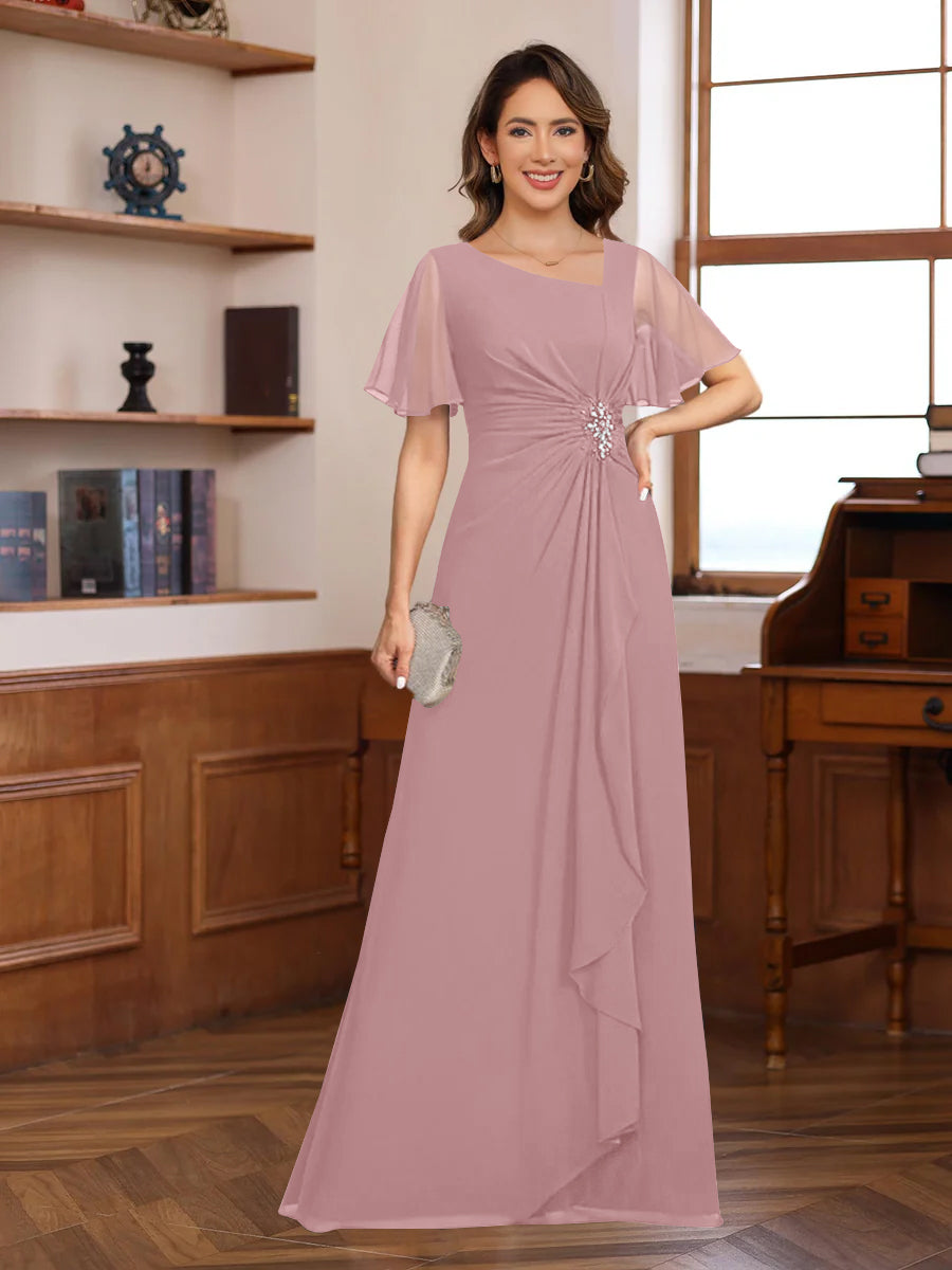 A-Line/Princess V-Neck Short Sleeves Chiffon Mother of the Bride & Groom Dresses with Appliques & Ruffles