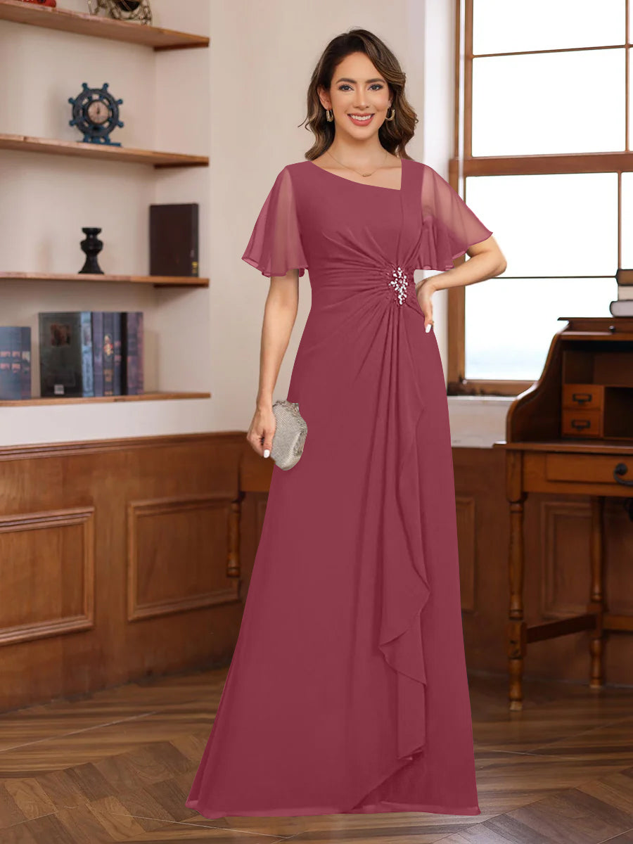A-Line/Princess V-Neck Short Sleeves Chiffon Mother of the Bride & Groom Dresses with Appliques & Ruffles