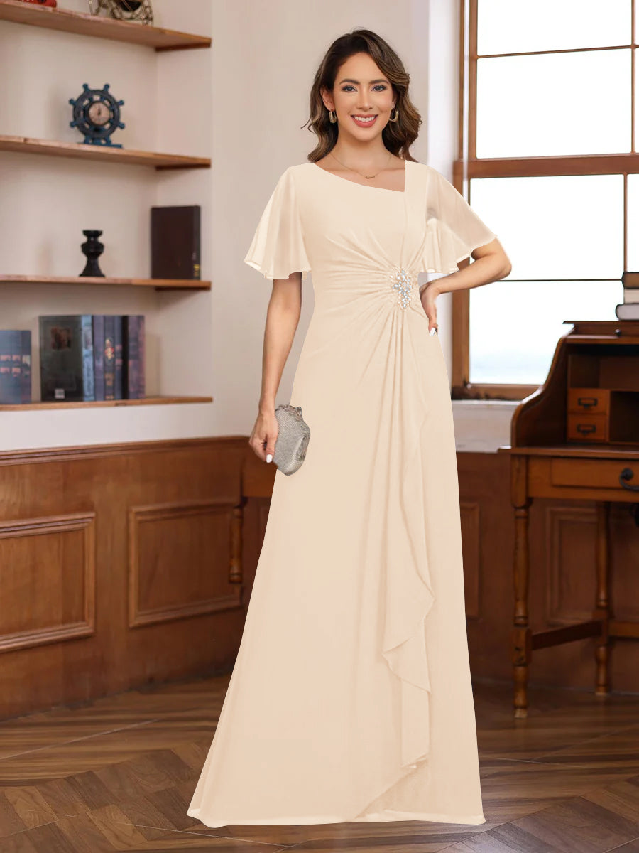 A-Line/Princess V-Neck Short Sleeves Chiffon Mother of the Bride & Groom Dresses with Appliques & Ruffles