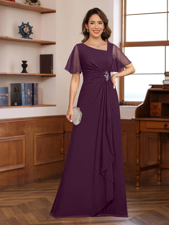A-Line/Princess V-Neck Short Sleeves Chiffon Mother of the Bride & Groom Dresses with Appliques & Ruffles