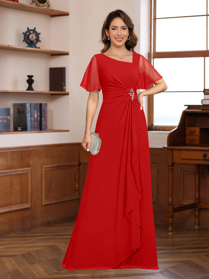 A-Line/Princess V-Neck Short Sleeves Chiffon Mother of the Bride & Groom Dresses with Appliques & Ruffles