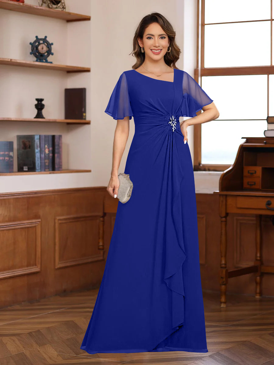 A-Line/Princess V-Neck Short Sleeves Chiffon Mother of the Bride & Groom Dresses with Appliques & Ruffles