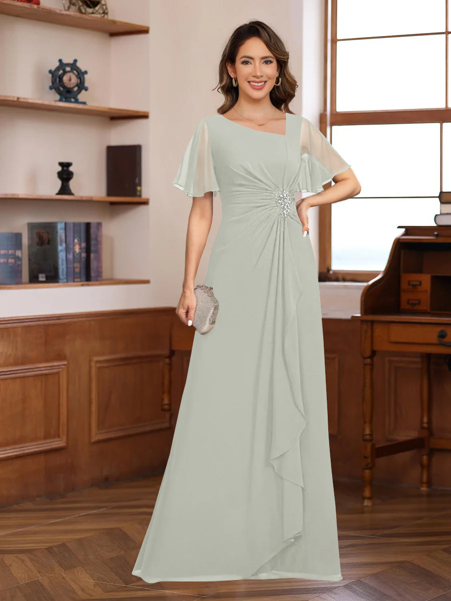 A-Line/Princess V-Neck Short Sleeves Chiffon Mother of the Bride & Groom Dresses with Appliques & Ruffles