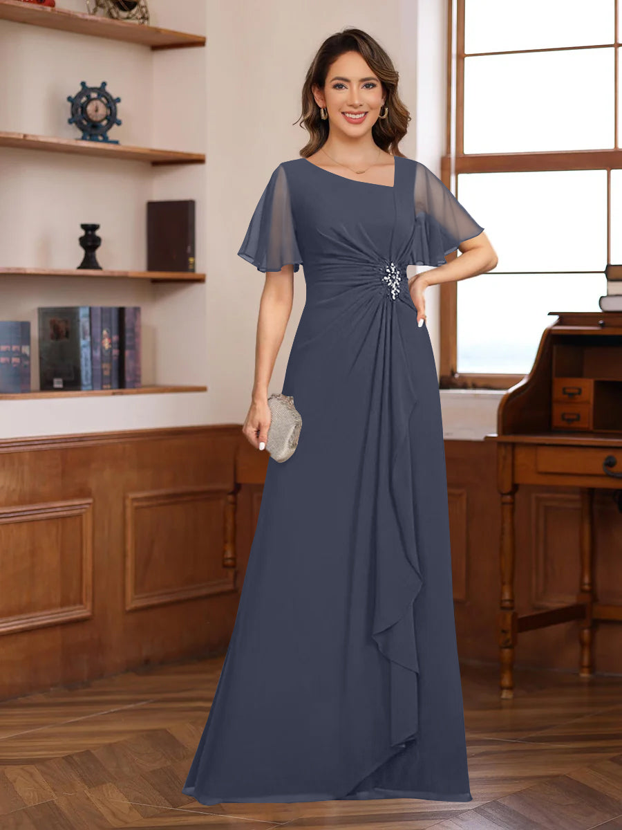 A-Line/Princess V-Neck Short Sleeves Chiffon Mother of the Bride & Groom Dresses with Appliques & Ruffles