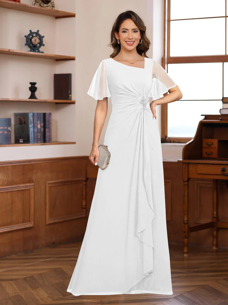 A-Line/Princess V-Neck Short Sleeves Chiffon Mother of the Bride & Groom Dresses with Appliques & Ruffles