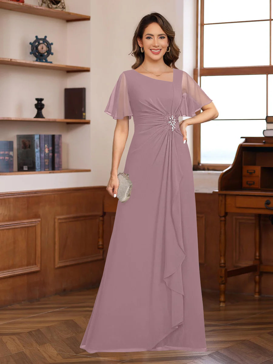 A-Line/Princess V-Neck Short Sleeves Chiffon Mother of the Bride & Groom Dresses with Appliques & Ruffles