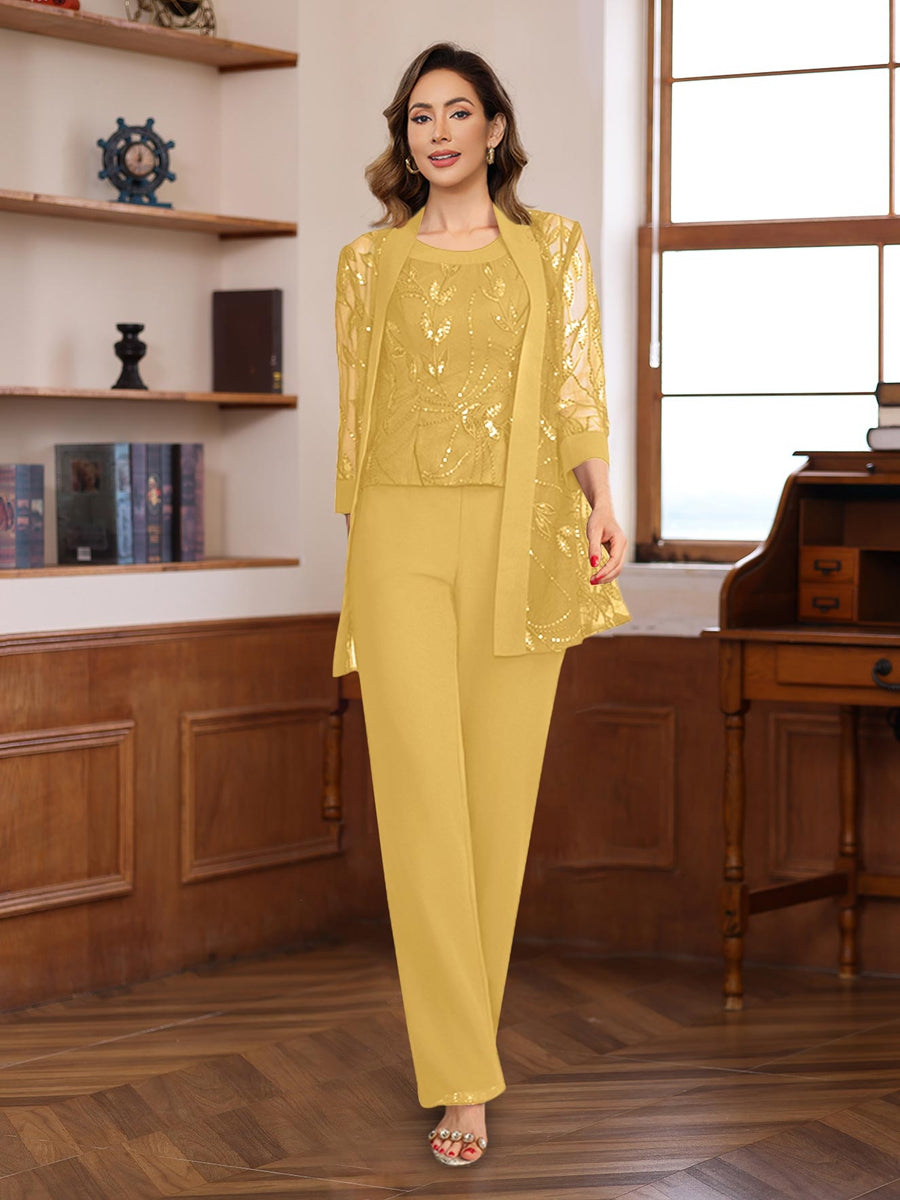 3 Pieces Chiffon Round Neck Floor-Length Mother of the Bride Pantsuits with Sequins