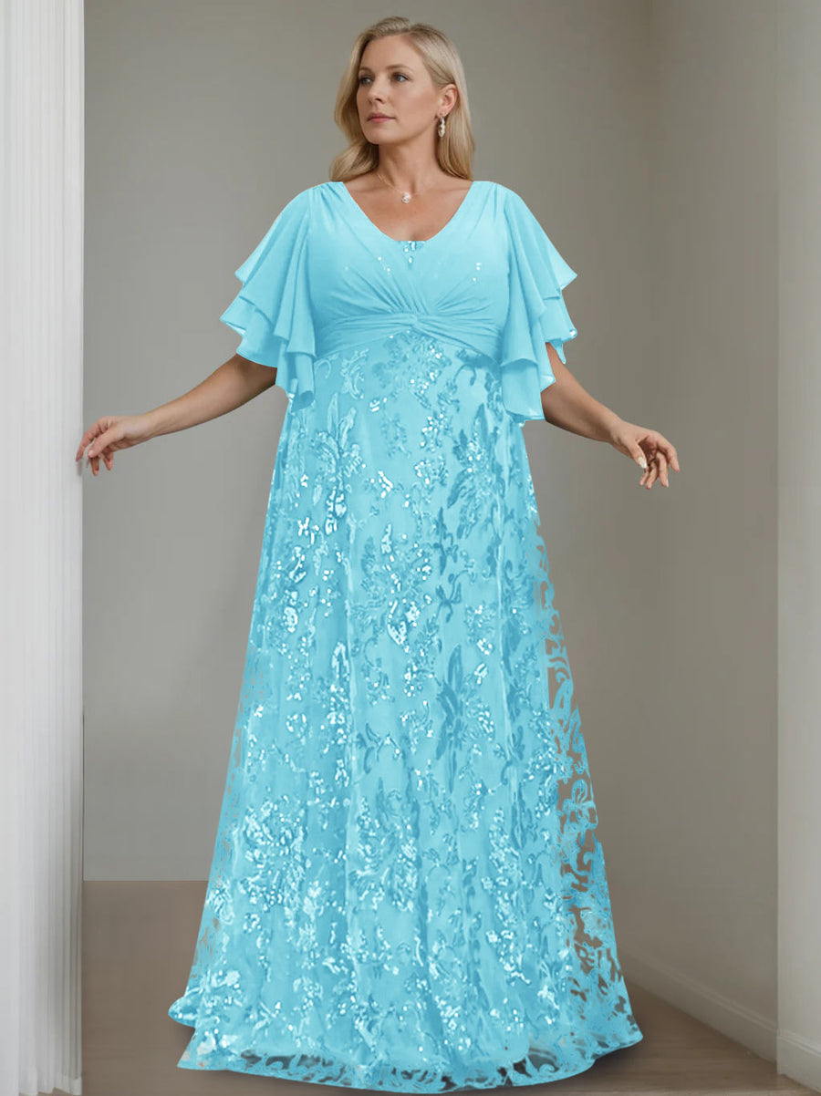 A-Line/Princess V-Neck Half Sleeves Floor-Length Plus Size Mother of the Bride Dresses with Sequins