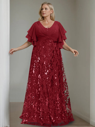 A-Line/Princess V-Neck Long Sleeves Floor-Length Plus Size Mother of the Bride Dresses with Ruffles main image 1