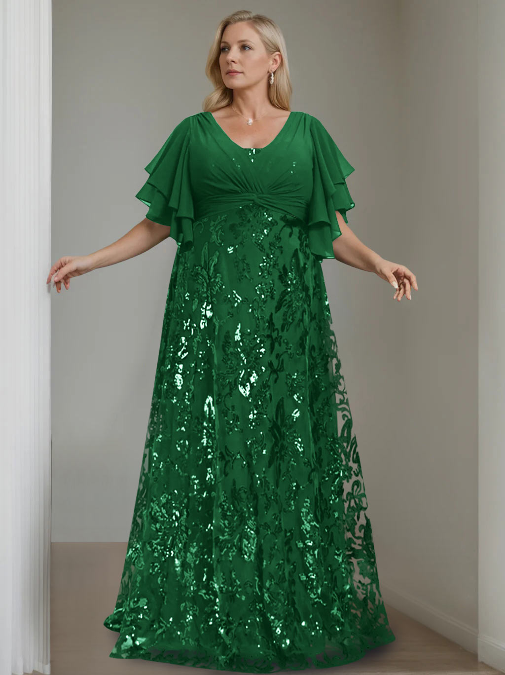 dark green mother of the bride dress plus size Cicinia Dark Green Mother Of The Bride Dress Plus Size Long V-neck Lace Chiffon Ankle Length 3/4 Length Sleeves