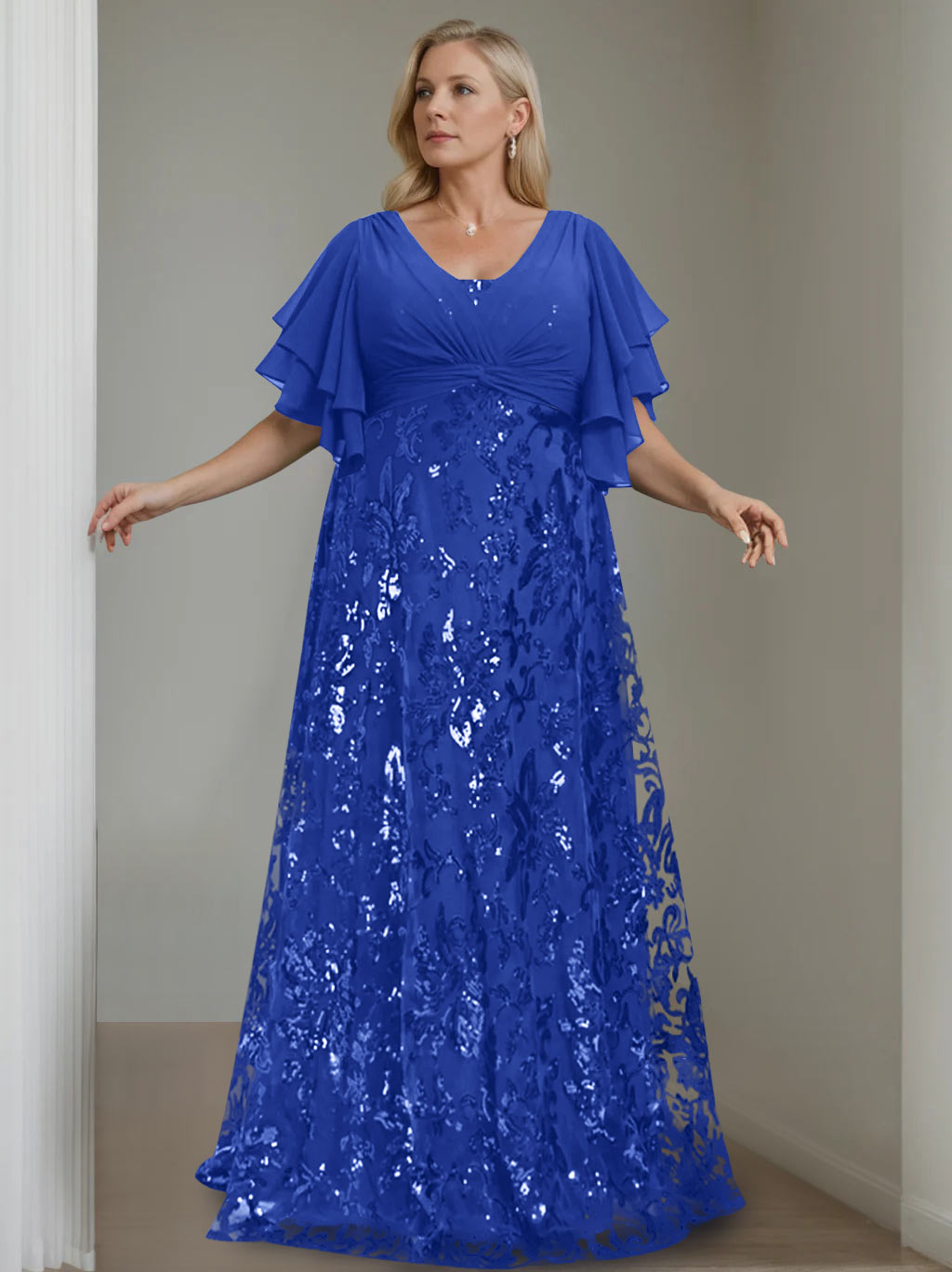 A-Line/Princess V-Neck Half Sleeves Floor-Length Plus Size Mother of the Bride Dresses with Sequins Dark Royal Blue