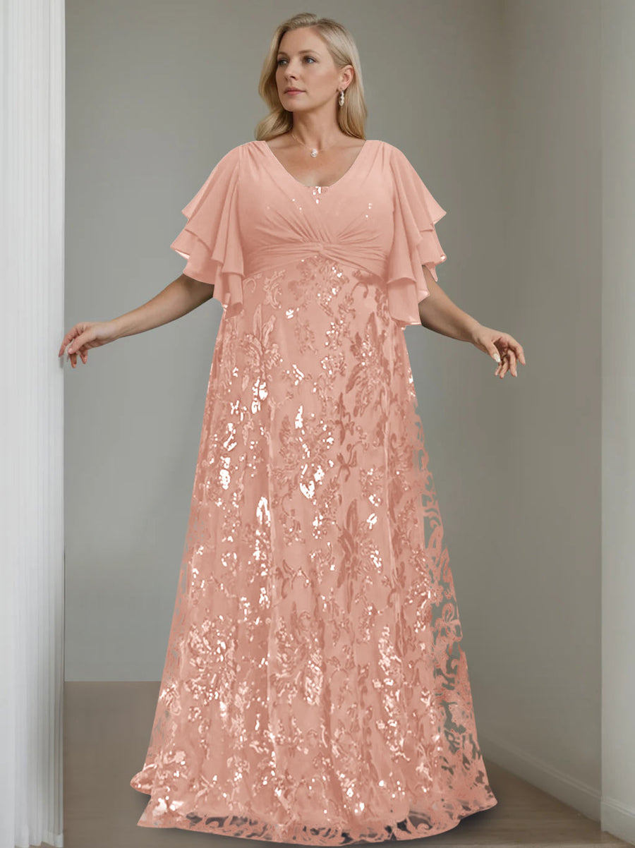A-Line/Princess V-Neck Half Sleeves Floor-Length Plus Size Mother of the Bride Dresses with Sequins