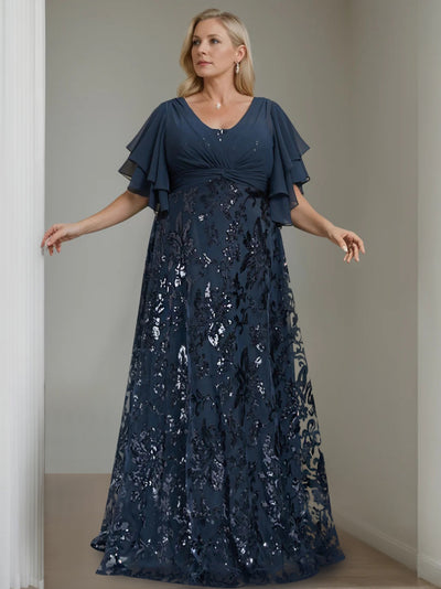 A-Line/Princess Round Neck Half Sleeves Floor-Length Plus Size Mother of the Bride Dresses with Hot Drill main image 0