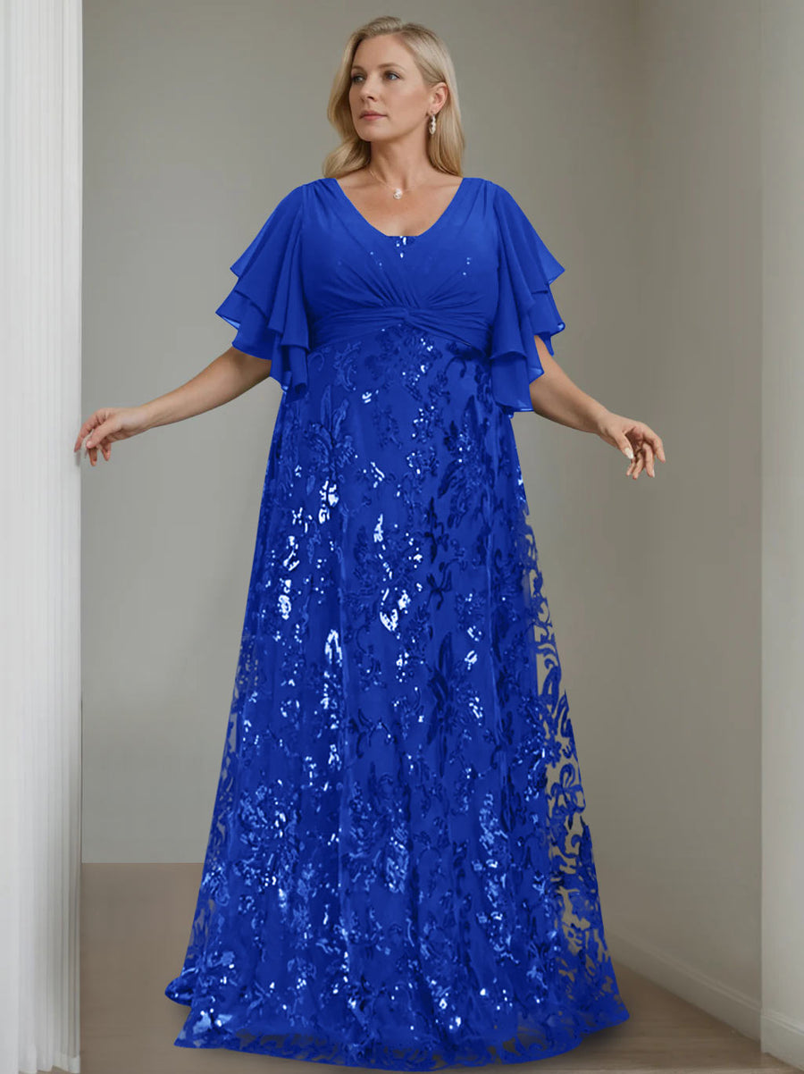 A-Line/Princess V-Neck Half Sleeves Floor-Length Plus Size Mother of the Bride Dresses with Sequins