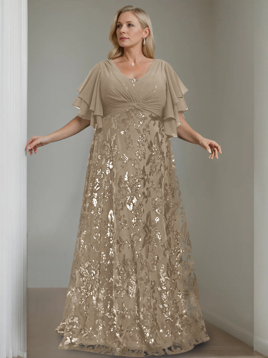 A-Line/Princess V-Neck Half Sleeves Floor-Length Plus Size Mother of the Bride Dresses with Sequins