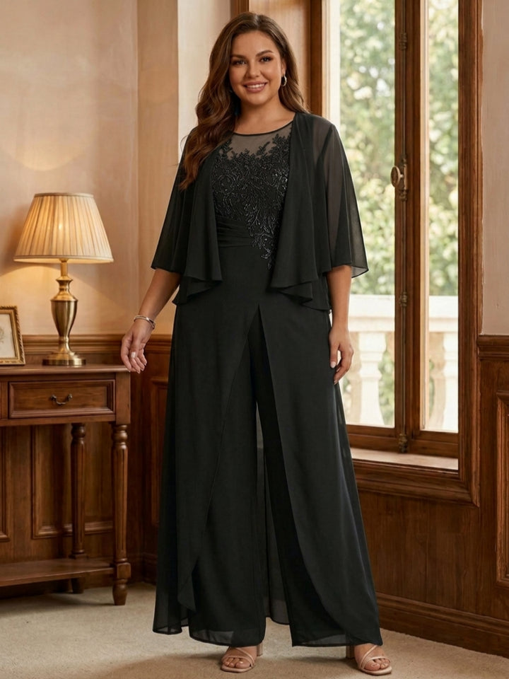 A-Line/Princess Scoop Floor-Length Plus Size Mother of the Bride Jumpsuits with Jacket, Split Side & Appliques