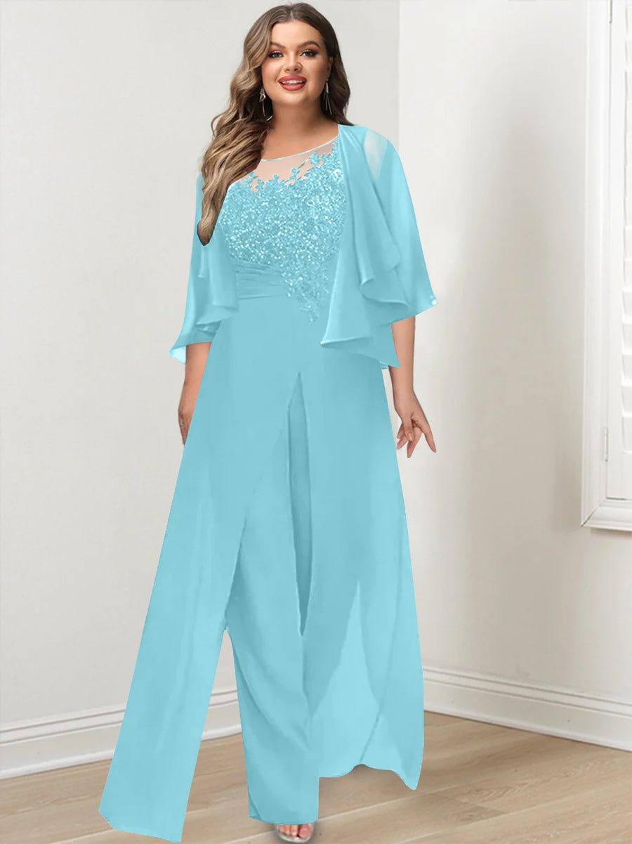 A-Line/Princess Scoop Floor-Length Plus Size Mother of the Bride Jumpsuits with Jacket, Split Side & Appliques