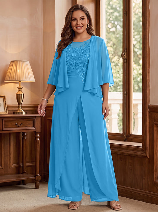 A-Line/Princess Scoop Floor-Length Plus Size Mother of the Bride Jumpsuits with Jacket, Split Side & Appliques