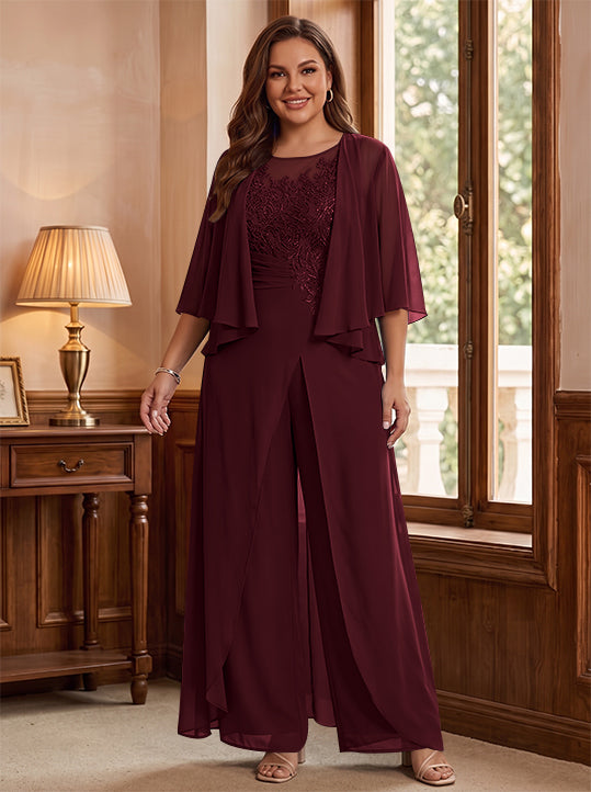 A-Line/Princess Scoop Floor-Length Plus Size Mother of the Bride Jumpsuits with Jacket, Split Side & Appliques