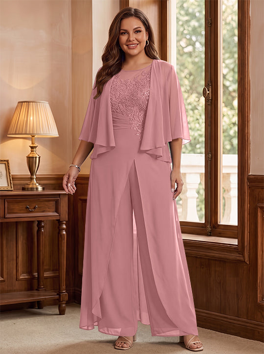 A-Line/Princess Scoop Floor-Length Plus Size Mother of the Bride Jumpsuits with Jacket, Split Side & Appliques