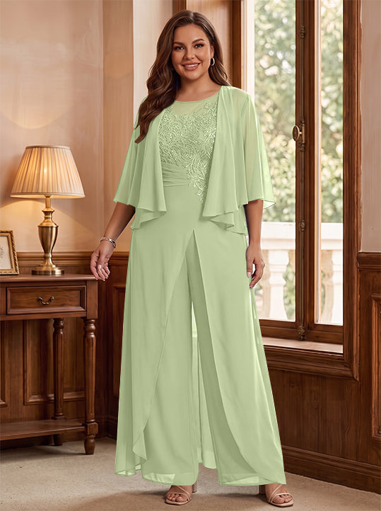 A-Line/Princess Scoop Floor-Length Plus Size Mother of the Bride Jumpsuits with Jacket, Split Side & Appliques