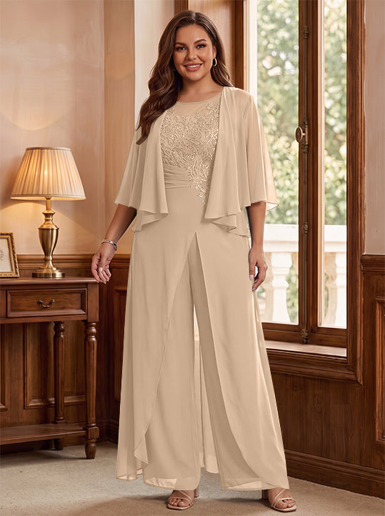 A-Line/Princess Scoop Floor-Length Plus Size Mother of the Bride Jumpsuits with Jacket, Split Side & Appliques