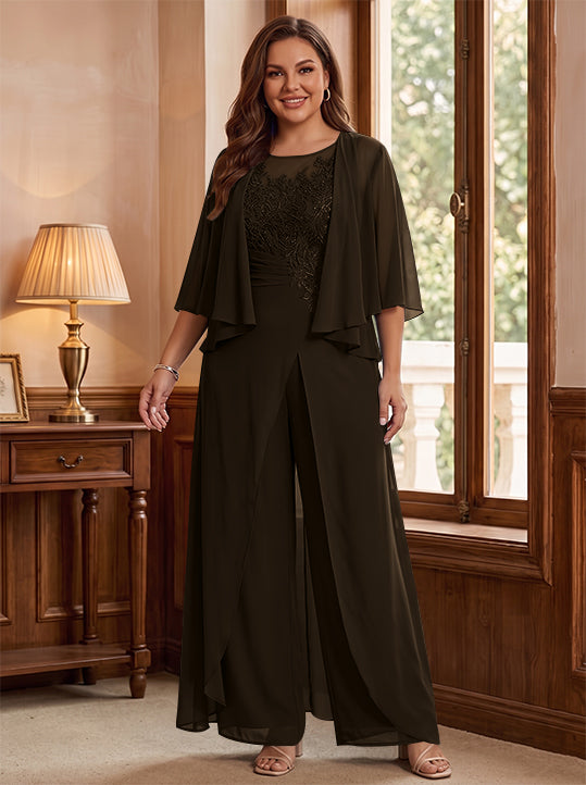 A-Line/Princess Scoop Floor-Length Plus Size Mother of the Bride Jumpsuits with Jacket, Split Side & Appliques