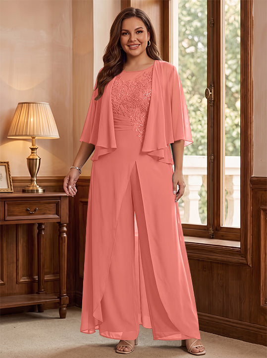 A-Line/Princess Scoop Floor-Length Plus Size Mother of the Bride Jumpsuits with Jacket, Split Side & Appliques