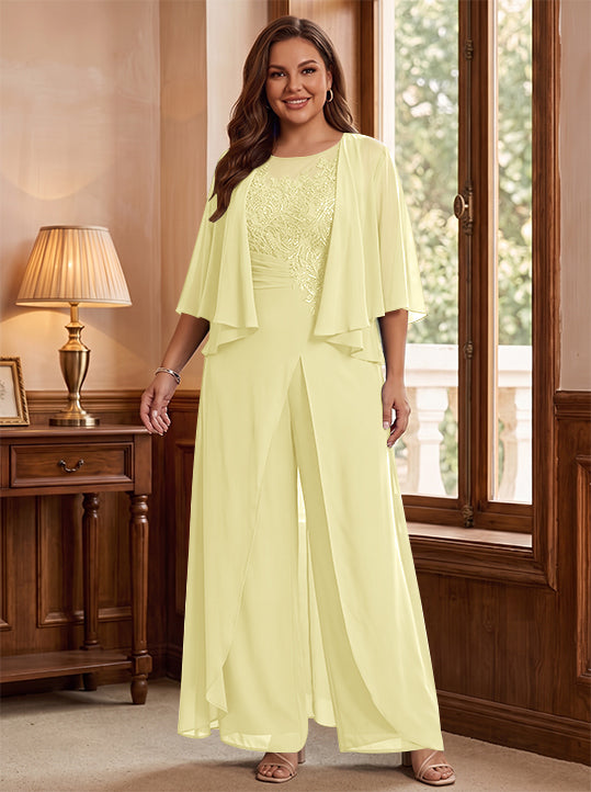 A-Line/Princess Scoop Floor-Length Plus Size Mother of the Bride Jumpsuits with Jacket, Split Side & Appliques