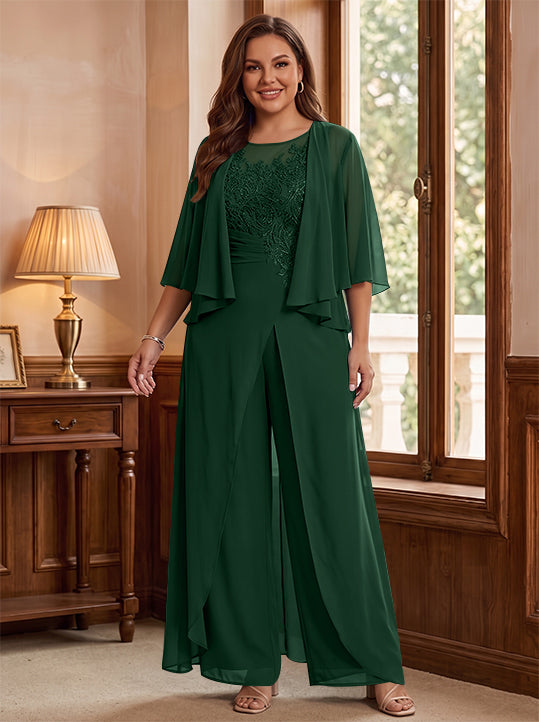 A-Line/Princess Scoop Floor-Length Plus Size Mother of the Bride Jumpsuits with Jacket, Split Side & Appliques