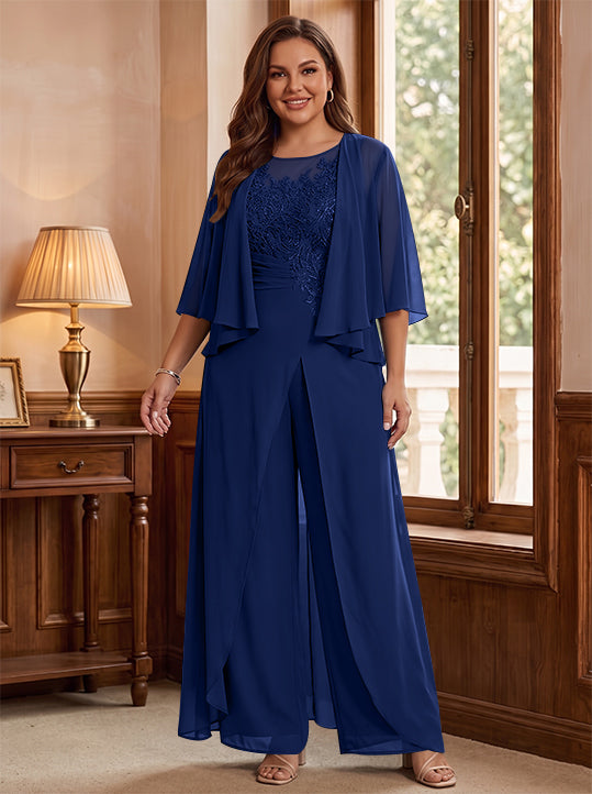 A-Line/Princess Scoop Floor-Length Plus Size Mother of the Bride Jumpsuits with Jacket, Split Side & Appliques
