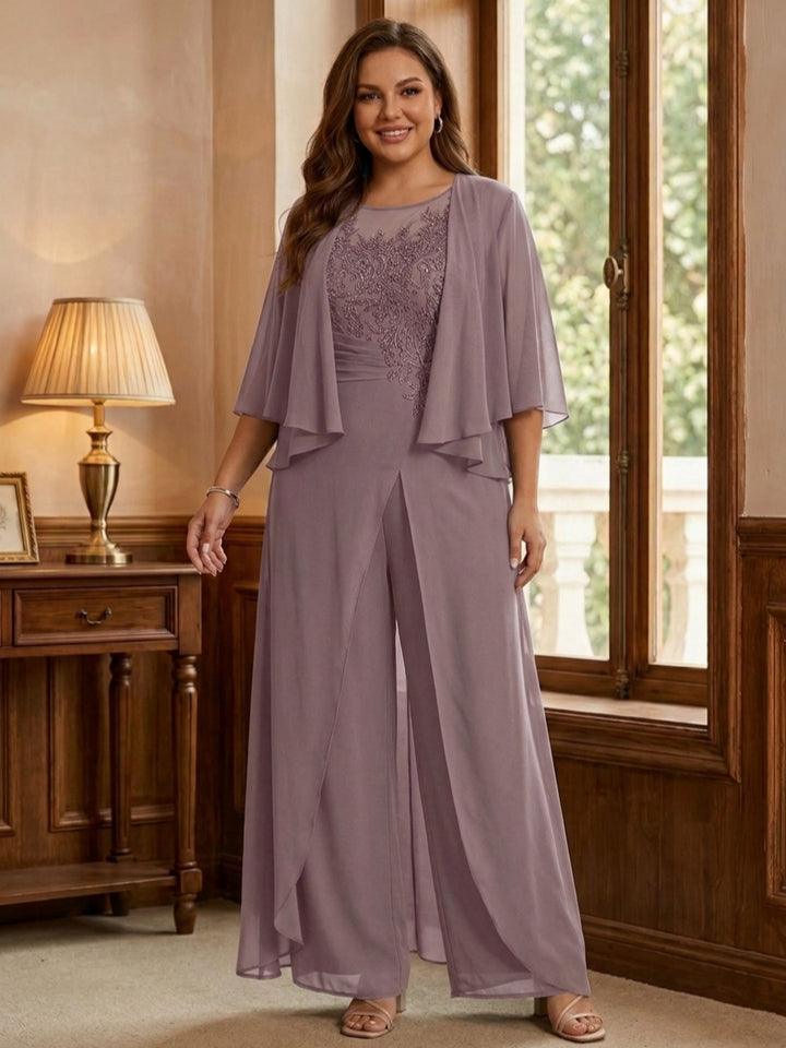 A-Line/Princess Scoop Floor-Length Plus Size Mother of the Bride Jumpsuits with Jacket, Split Side & Appliques
