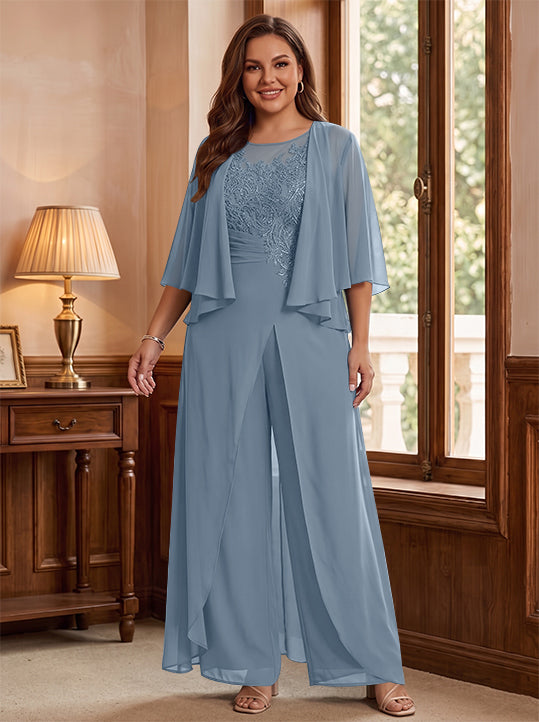 A-Line/Princess Scoop Floor-Length Plus Size Mother of the Bride Jumpsuits with Jacket, Split Side & Appliques