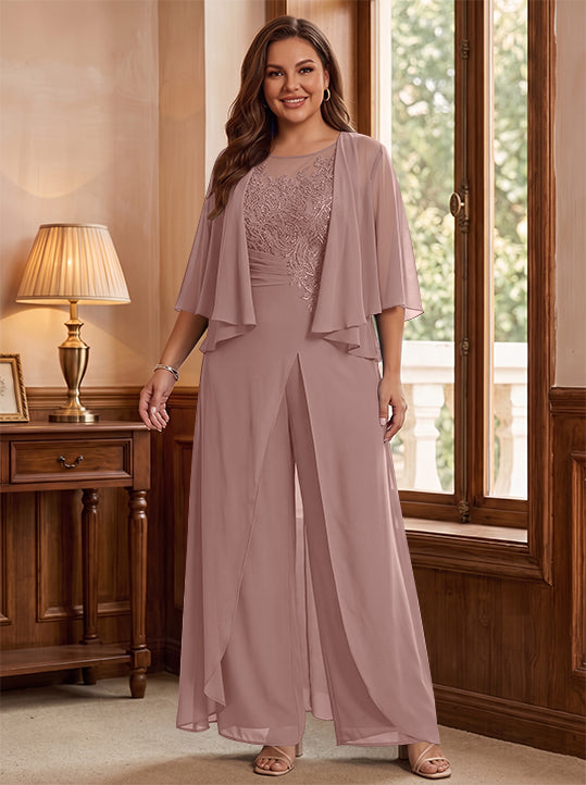 A-Line/Princess Scoop Floor-Length Plus Size Mother of the Bride Jumpsuits with Jacket, Split Side & Appliques
