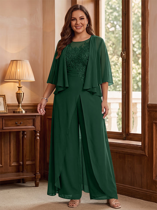 A-Line/Princess Scoop Floor-Length Plus Size Mother of the Bride Jumpsuits with Jacket, Split Side & Appliques