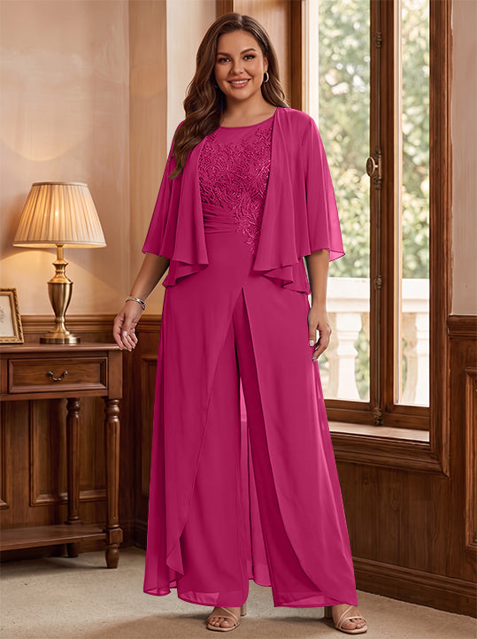 A-Line/Princess Scoop Floor-Length Plus Size Mother of the Bride Jumpsuits with Jacket, Split Side & Appliques